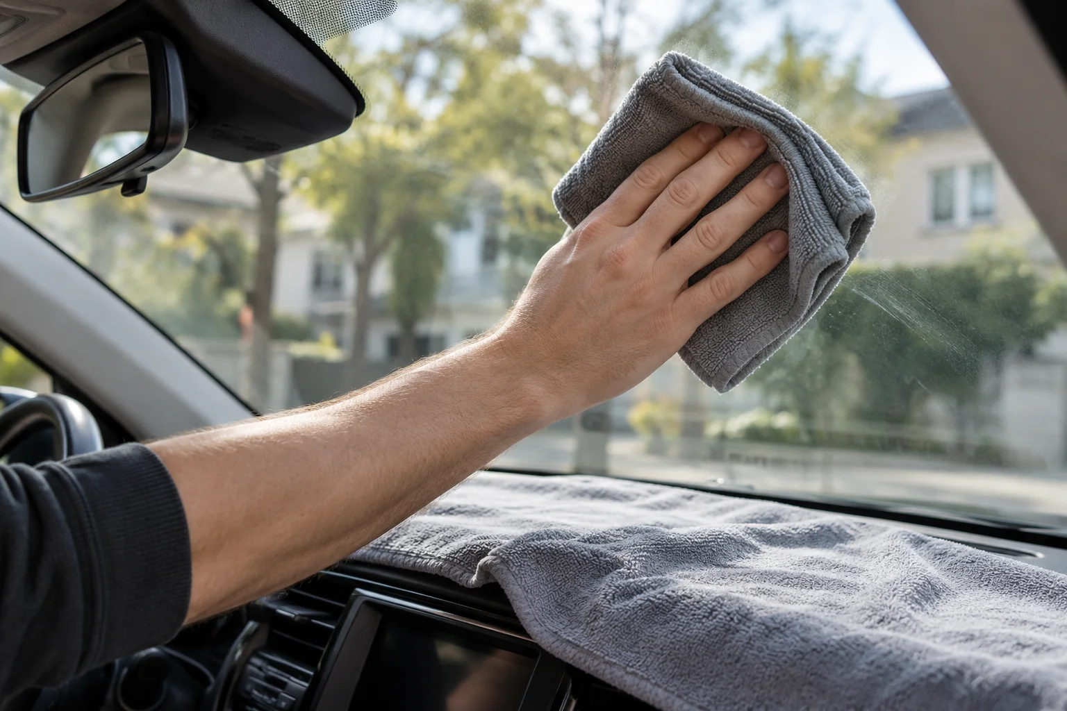 Limpieza del parabrisas interior del coche con una bayeta de microfibra